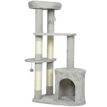 Katzenbaum 114 cm, mit Höhle, Sisalstämmen, Plattform, mehrstöckig für mittelgroße Katzen unter 6 kg, hellgrau