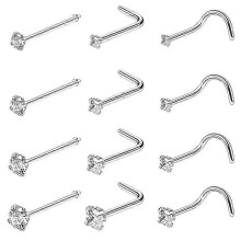 Dww-12pcs 20G Nez Spike Nez Piercing Nez Anneau Nez En Acier Chirurgical 0.8 * 6.5 * 1.5mm, L Forme S Tige Droite Type Incrust Piercing Bijoux Femmes