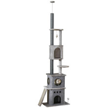 PawHut Deckenhoher Katzenbaum, höhenverstellbar 225–255 cm, 6-stufiger Katzenkratzbaum mit 3 Höhlen, Katzenspielzeug, Kratzbrett