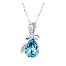 Halsketting - Dames - Ketting en hanger - Druppelvormig - Engelen traan - Oostenrijks kristal - Blauw - 18k witgoud verguld - 45 cm