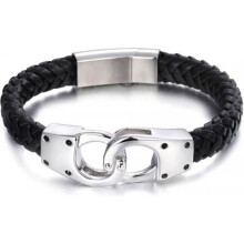 Herenarmband van gevlochten leer met handboeien en roestvrijstalen sluiting.