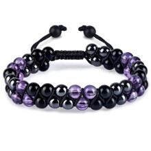 Drievoudige beschermingsarmband voor vrouwen, authentieke helende kristallen armband met amethist, zwarte obsidiaan en hematiet (6 mm).