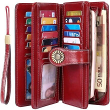 Damesportemonnee - Leer - RFID - 24 pasjes - Ritssluiting - Rood