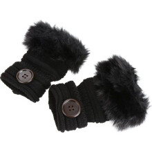 Dames winterwanten van gebreide stof en imitatiebont — Handwarmers, manchet met knoopsluiting, zwart