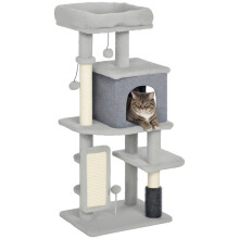 Katzenbaum 104 cm mit Katzenhöhle, Bett, Sisal-Kratzstämmen, Kratzbrett und Plüschbällen für Katzen bis 5 kg, hellgrau