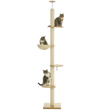 Deckenhoher Katzenbaum mit Kippsicherung, Sisalstämmen, Holzwerkstoff, Eiche + Cremeweiß