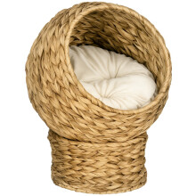 Kattenmand van rotan voor buiten, kattenmand, kattenhuisje, kattenbed met kussen, huisdierbed, waterhyacintbruin, 40 x 37 x 51 cm