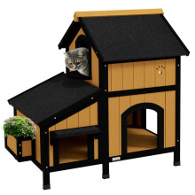 Kattenhuis, kattenhut, kattengrot, inclusief bloembak, 96 cm x 65 cm x 85,5 cm, geel + wit + zwart