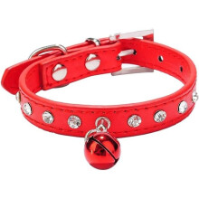 Kristallen hondenhalsband met verstelbare veiligheidsgesp en belletje, PU-leren honden- en kattenhalsband (rood)