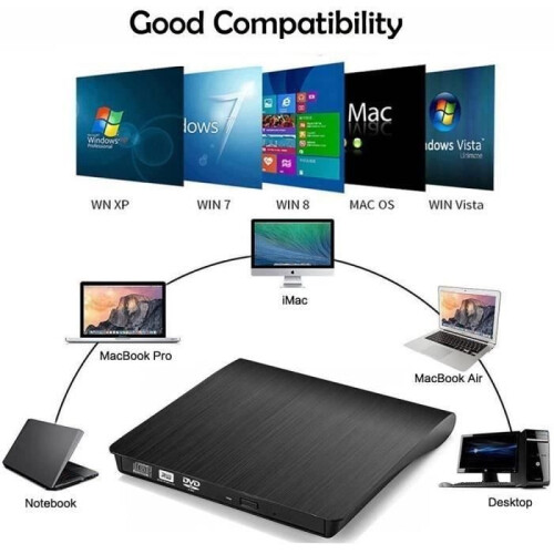 Ultra Slim Portable External USB 3.0 DVD/CD Reader/Writer - Black - Plug and Play - High Speed 1