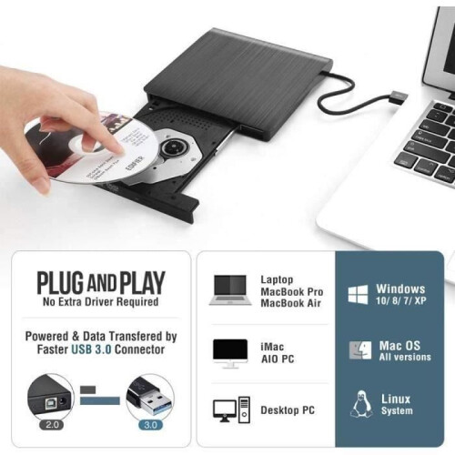 Ultra Slim Portable External USB 3.0 DVD/CD Reader/Writer - Black - Plug and Play - High Speed 2