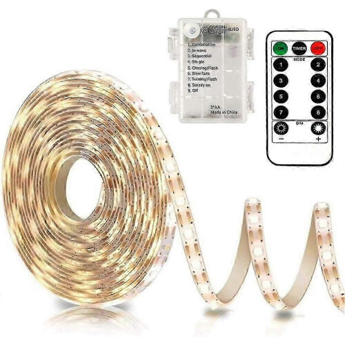 3m Battery LED Strip Lights with Remote Control, 90 LED, 8 Modes, Dimmable, Timer, Self-Adhesive, Cuttable