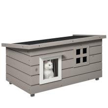 Katzenhaus aus Holz, wasserdichter Katzenunterstand mit Asphalt-Dach, Klappdeckel, Fenster, winterfester Unterschlupf, , Katzentoilette für Garten