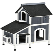 Kattenhuis voor buiten, twee verdiepingen hoog, op poten, natuurlijk hout, asfalt dak, grijs, 96 x 65 x 85,5 cm