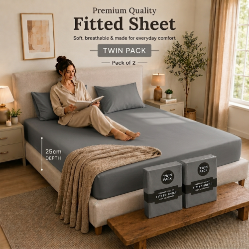 (Grey, Super King) 2-Pack Deep Fitted Sheet 25CM Mattress Bed Sheets | Extra Deep 300 Thread Count Smooth & Silky