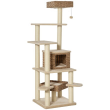 PawHut Rattan-Kratzbaum mit Katzenhöhle, mehrstufiger Kratzbaum, Kletterbaum für Katzen, E1 MDF Sisal, Beige+Braun, 55 x 55 x 174 cm