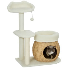 Katzenbaum mit Katzenhöhle, Spielball und Plattform, Schilf/Sisal, bis 10 kg, 60 x 40 x 79 cm, cremeweiß