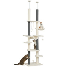 Katzenbaum, deckenhoch, höhenverstellbar 225–255 cm, Plattformen & Hängematten, Kippschutz, weiß