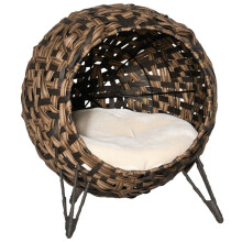 Rattan kattenhuis voor buiten met kussen, kattenbed, kattengrot met verhoogde poten, bruin, Ø52 x 58 cm