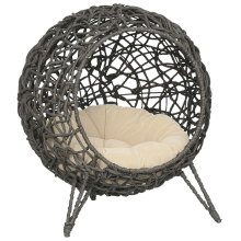 Rattan kattenhuis voor buiten met kussen, kattenbed, kattengrot met verhoogde poten, zilvergrijs, Ø52 x 58 cm