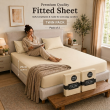 (Cream, Double) 2-Pack Deep Fitted Sheet 25CM Mattress Bed Sheets | Extra Deep 300 Thread Count Smooth & Silky