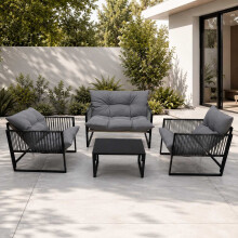 Alivio 4-Seater Iron Sofa Chair Set, Outdoor Furniture with Cushions & Coffee Table (Grey)