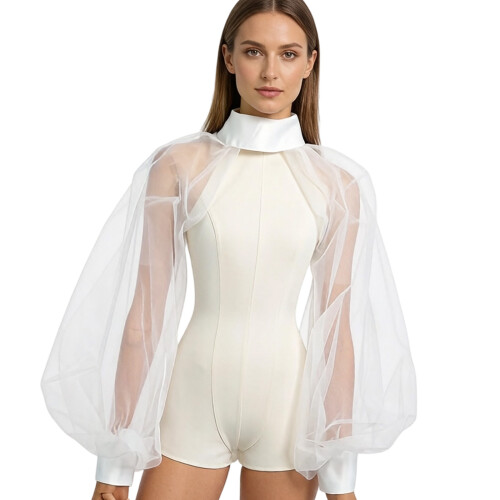 Wedding Mesh Shawl With Architectural Bubble Sleeves-White