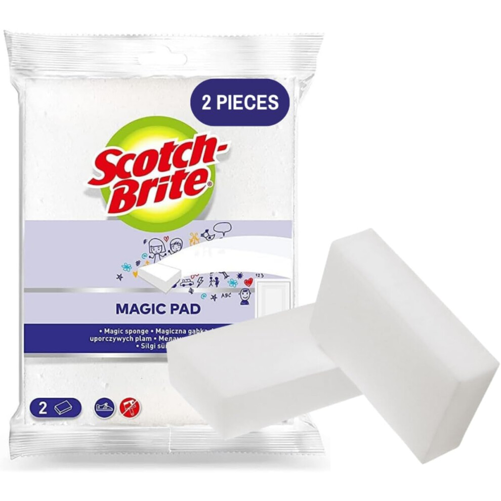 Scotch-Brite Easy Erasing Pad, 2 units/pack Magic Sponge Eraser Pad Easily removes stains, Erase away scuff marks and smudges Walls Doors Windows