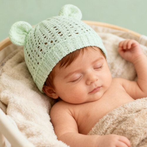 Breathable Cotton Newborn Cap Elastic Fit Bear Ears-White 2