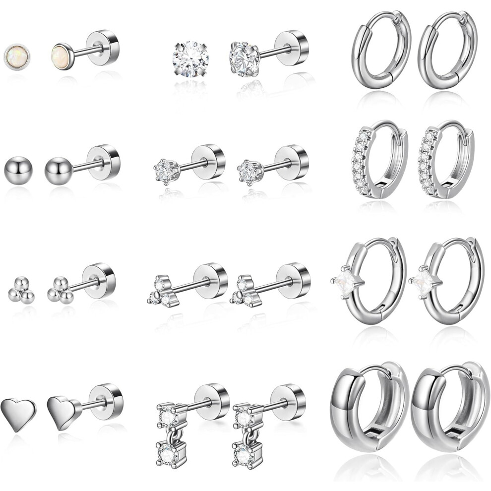 (E2268 silver 12 pairs set, 14k) 14K Real Gold Plated Brass Huggie Earrings, Zircon Inlaid Geometric Hoop Jewelry for Women-image-OPC-PVFTRGR-NEW