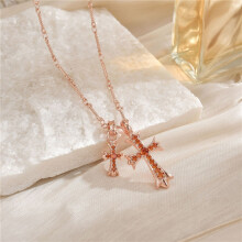 (Rose gold orange diamond) Cross double pendant necklace charm couple colored diamonds men's women's pendant jewelry
