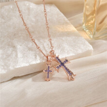 (Rose gold sapphire diamond) Cross double pendant necklace charm couple colored diamonds men's women's pendant jewelry