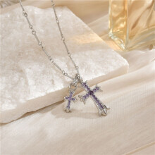 ((Silver purple diamond) Cross double pendant necklace charm couple colored diamonds men's women's pendant jewelry
