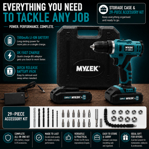 MYLEK MYLEK 21V Cordless 2-Speed Drill Driver 29-Piece Kit 2 Batteries 1