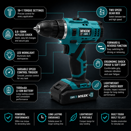 MYLEK MYLEK 21V Cordless 2-Speed Drill Driver 29-Piece Kit 2 Batteries 2