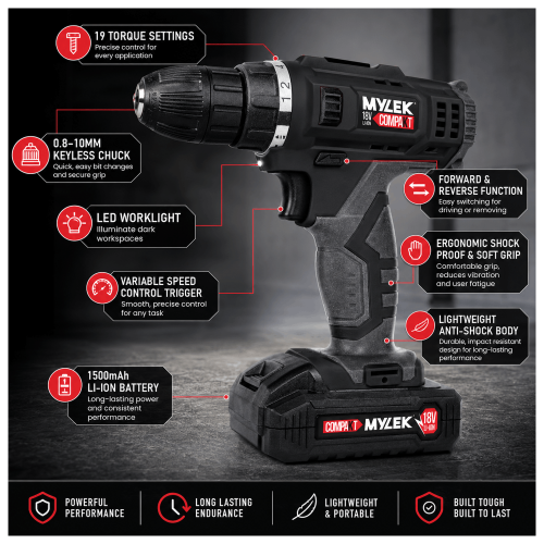 MYLEK MYLEK 18V Cordless Drill with 151-Piece Accessory Kit 2