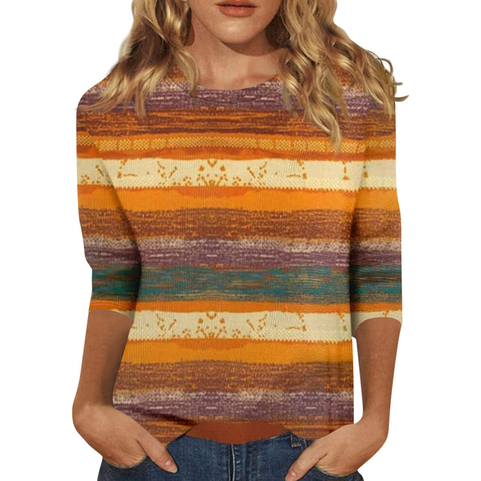 Women's Three-Quarter Sleeve Round Neck Casual-saffron M