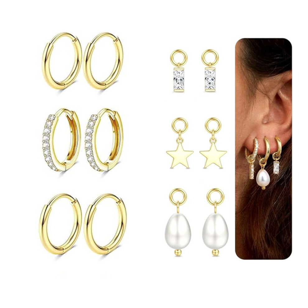(6 pairs of gold) opular Flat Back Stud Earrings with CZ Charms, Gold Stackable Hoop Earring Set Jewelry-image-OPC-PVG5MVQ-NEW