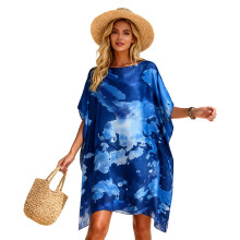 Floral Print Beach Dress Breathable Polyester-Navy blue
