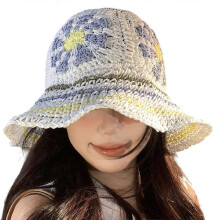 (BE) Crochet Flower Sun Hat Straw Bucket Hat Hat Women Spring Camping Fisherman Hat Beach Bucket Sun Hat  pink greenish