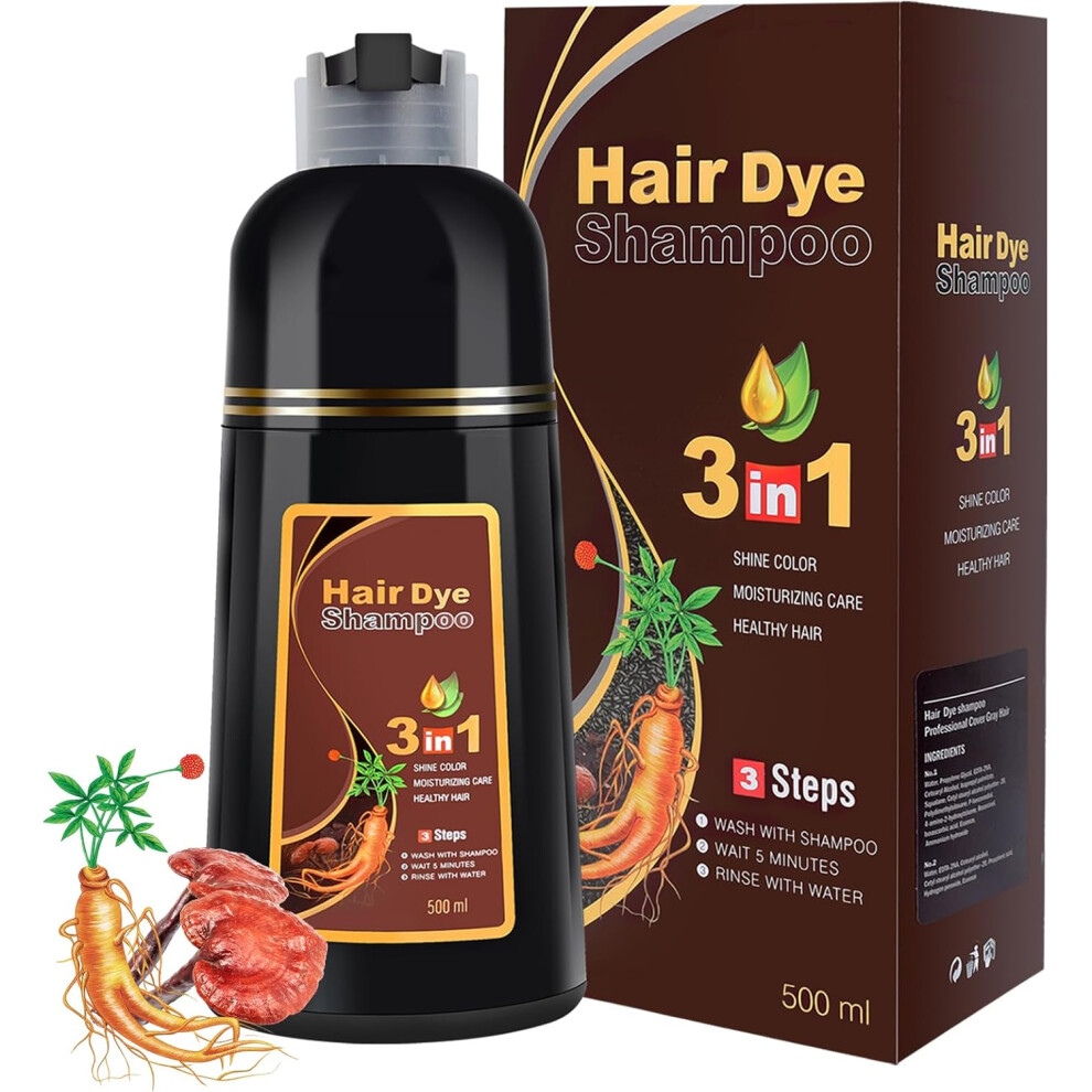 Gogerstar Black,Brown,Grey (Chestnut Brown) Black Hair Dye Shampoo 3 In 1, Herbal Dye Shampoo For Grey Hair Coverage Hair Color For Women Men, 500Ml