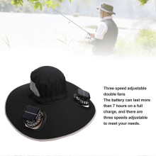 Sun Hat Wide Brim Breathable Sun Proof Fisherman Hat with 2 Solar Fans 3 Speed Adjustable Windproof Belt for Men Black