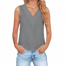 Women's loose V-neck pleated sleeveless vest, casual and-Gray M