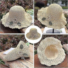 Elegant Crochet Straw Hat with Ruffle Detail, Womens Straw Hats for Summer Beach Wide Brim Sun Protection Hat