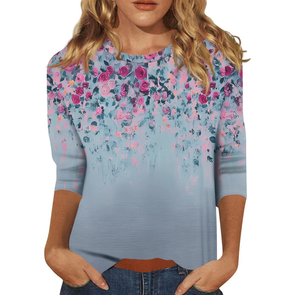 Women's Three-Quarter Sleeve Round Neck Casual T-Shirt-Gray S