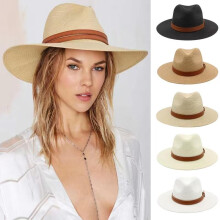 (White01, L59-60cm) Large Size 56-58 59-60cm New Natural Panama Straw Hat Summer Men Women Wide Brim Beach UV Protection Fedora Sun Hat Wholesale