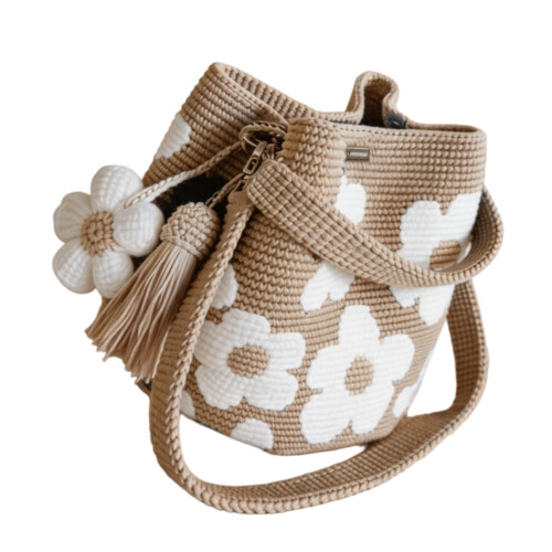Stylish Knitted Flower Handbag Bag Spacious Drawstring-brown