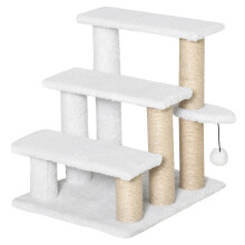 PawHut Katzentreppe, 3 Stufen, Haustiertreppe für Katzen mit Kratzbaum und Ball, Haustiertreppe für Hunde, aus Plüsch und Jute, 45 x 40 x 48 cm