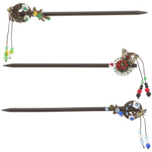 3Pcs Assorted Color Ethnic Hairpins Wooden Hair Chopsticks for Girls