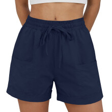 Women's Linen Shorts Casual Shorts Pull On-Navy blue XL